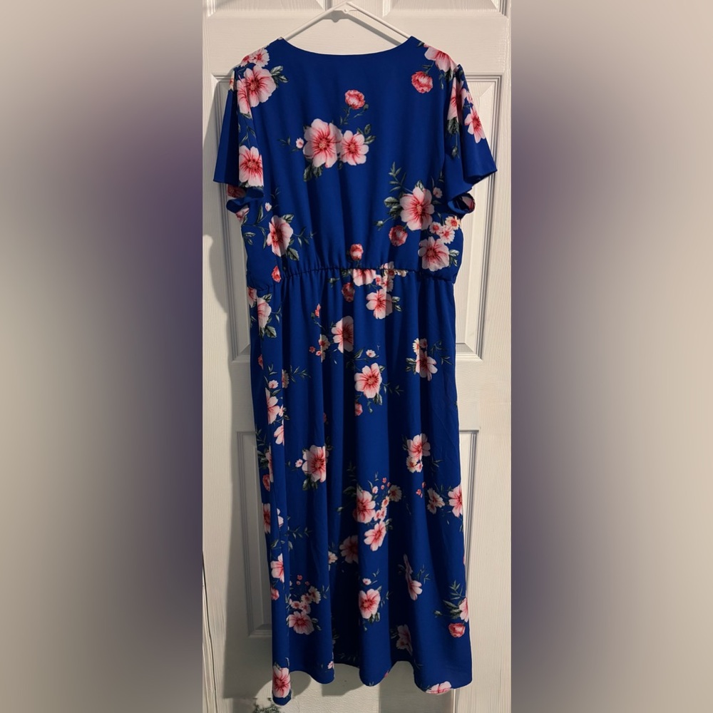 Vibrant Floral Dress 18/20 Blue & Botanical Pinks Faux-wrap Midi - Picture 4 of 11